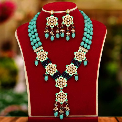 Rama Green Color Kundan Meenakari Necklace Set