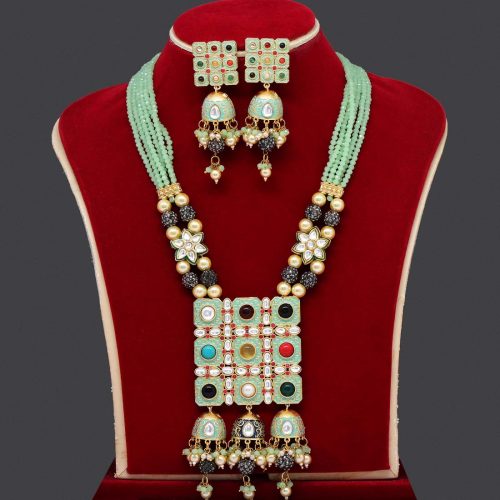 Rama Green Color Kundan Meenakari Necklace Set