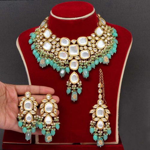 Rama Green Color Kundan Meenakari Necklace Set