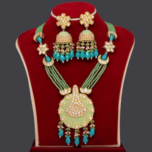 Rama Green Color Kundan Meenakari Necklace Set