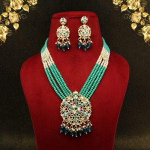 Rama Green Color Kundan Meenakari Necklace Set-0