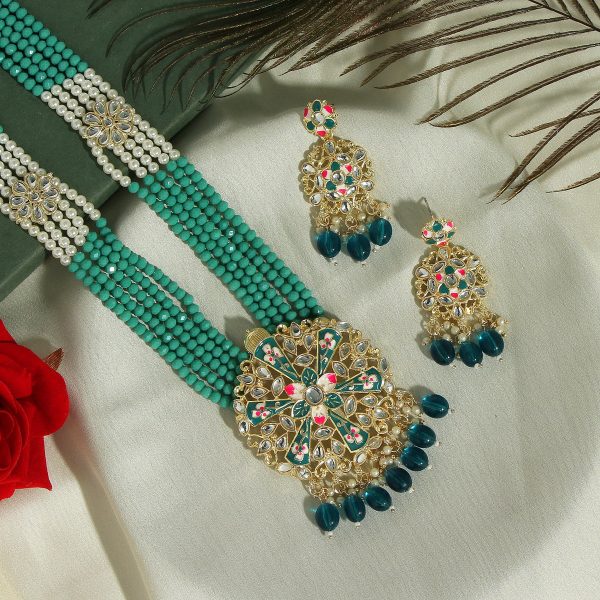 Rama Green Color Kundan Meenakari Necklace Set-3749