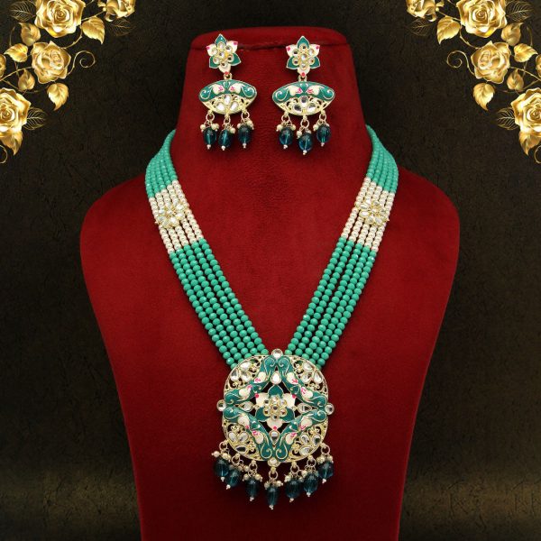 Rama Green Color Kundan Meenakari Necklace Set-3669