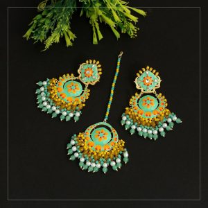 Rama Green Color Meenakari Earrings Tikka Set-0
