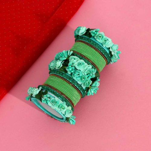 Rama Green Color Rose Floral Bangles Set: 2.8