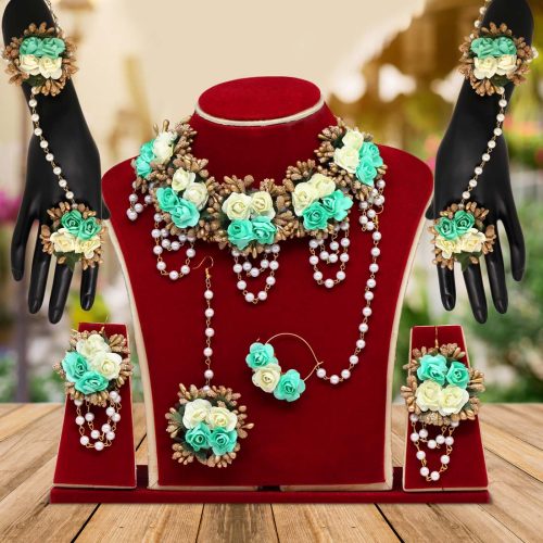 Rama Green Color Synthetic Rose Floral Bridal Set