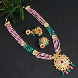 Rama Green & Pink Color Kundan Necklace Set-0