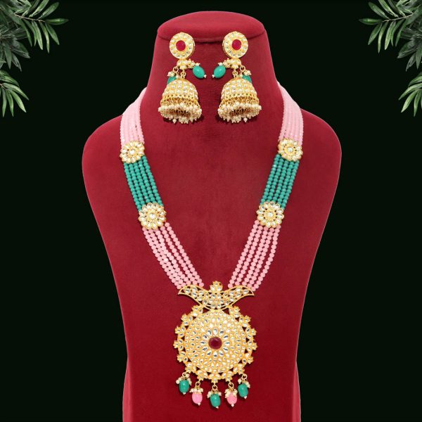 Rama Green & Pink Color Kundan Necklace Set-12445