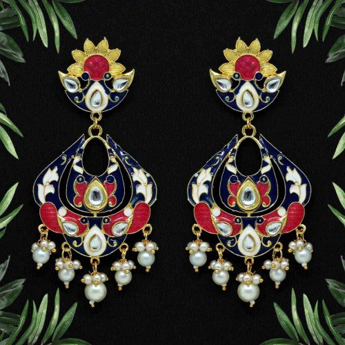 Rani & Blue Color Kundan Meenakari Earrings