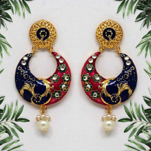 Rani & Blue Color Kundan Meenakari Earrings