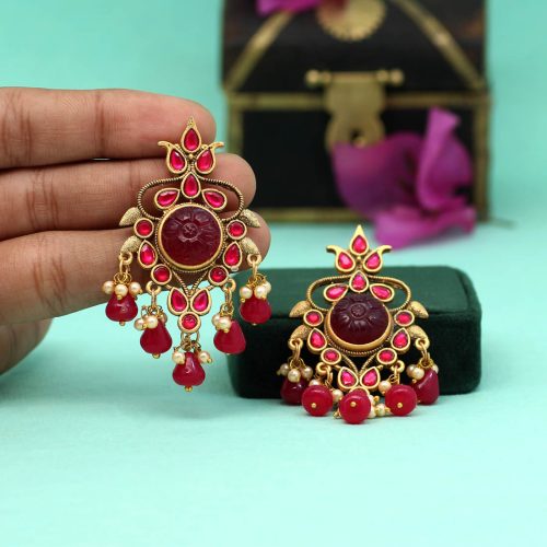 Rani Color Carving Stone Antique Earrings