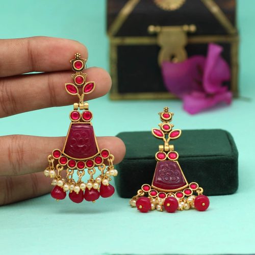 Rani Color Carving Stone Antique Earrings