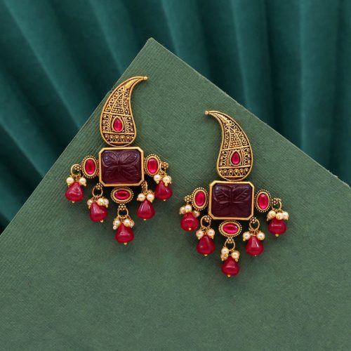 Rani Color Carving Stone Antique Earrings