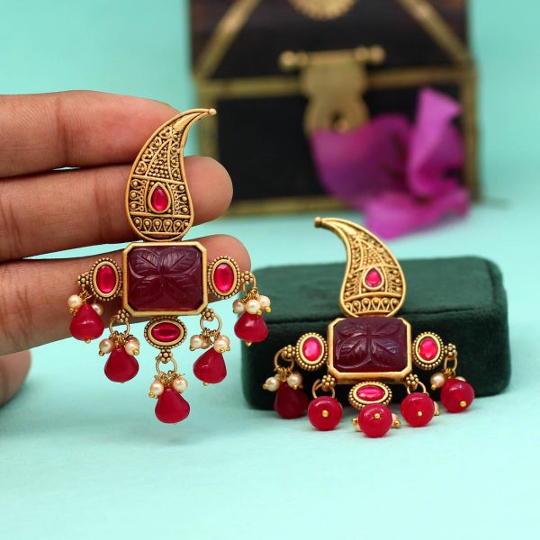 Rani Color Carving Stone Antique Earrings-14510