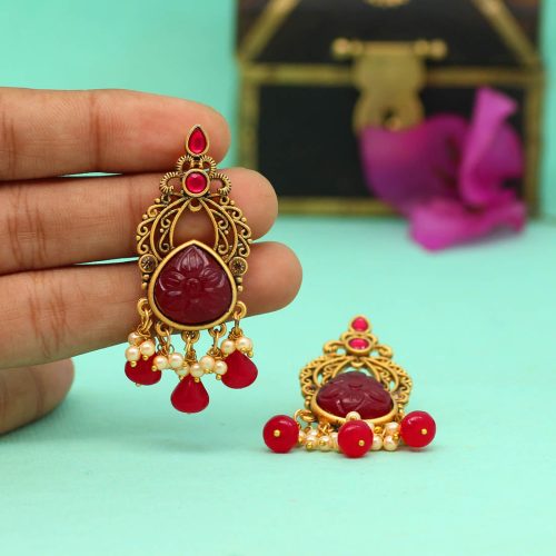 Rani Color Carving Stone Antique Earrings