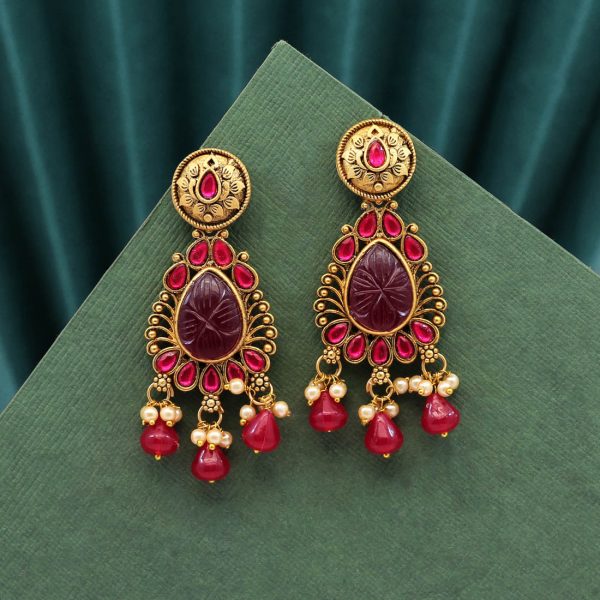 Rani Color Carving Stone Antique Earrings-0