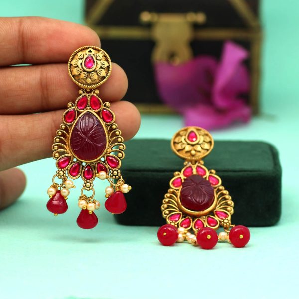 Rani Color Carving Stone Antique Earrings-14091