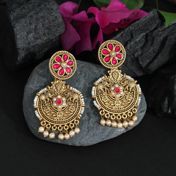 Rani Color Colorful Kundan Antique Earrings-14528