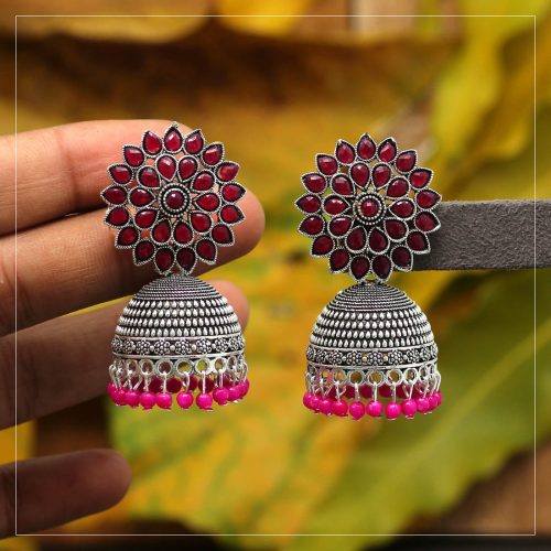 Rani Color Glass Stone Oxidised Earrings