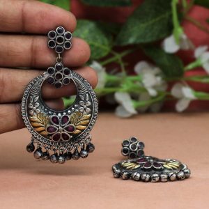 Rani Color Glass Stone Oxidised Two Tone Brass Earrings-0