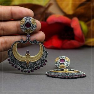 Rani Color Glass Stone Oxidised Two Tone Earrings-0