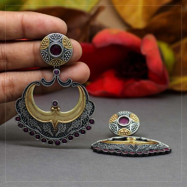 Rani Color Glass Stone Oxidised Two Tone Earrings-0