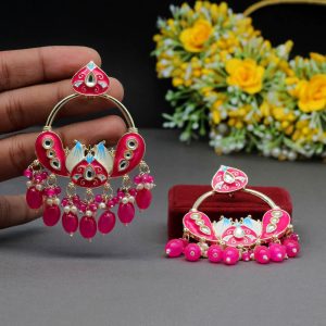 Rani Color Hand Painted Kundan Meenakari Earrings-0