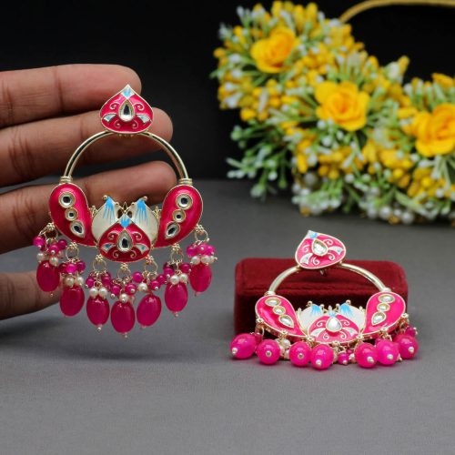 Rani Color Hand Painted Kundan Meenakari Earrings