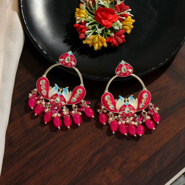 Rani Color Hand Painted Kundan Meenakari Earrings-4915