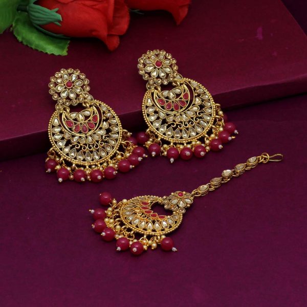 Rani Color Kundan Earrings With Maang Tikka-0