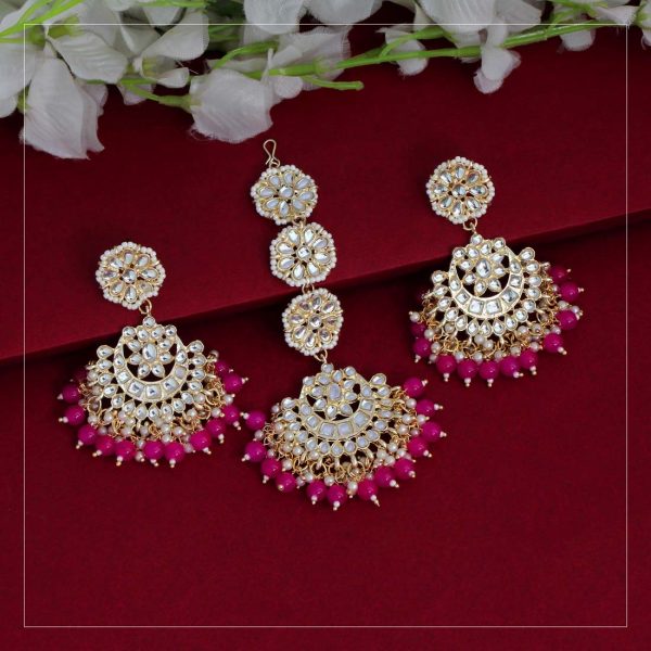 Rani Color Kundan Earrings With Maang Tikka-0