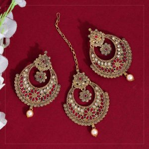 Rani Color Kundan Earrings With Maang Tikka-0