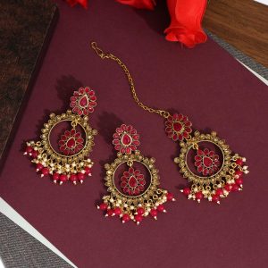 Rani Color Kundan Earrings With Maang Tikka-0