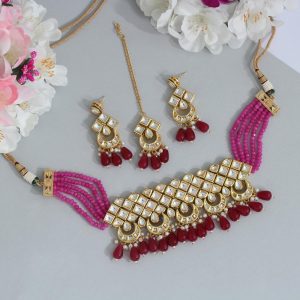 Rani Color Kundan Meena Choker Necklace Set-0