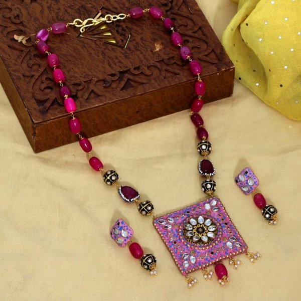 Rani Color Kundan Meena Necklace Set-0