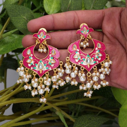 Rani Color Kundan Meenakari Earrings