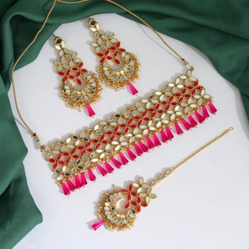 Rani Color Kundan Mirror Choker Necklace Set