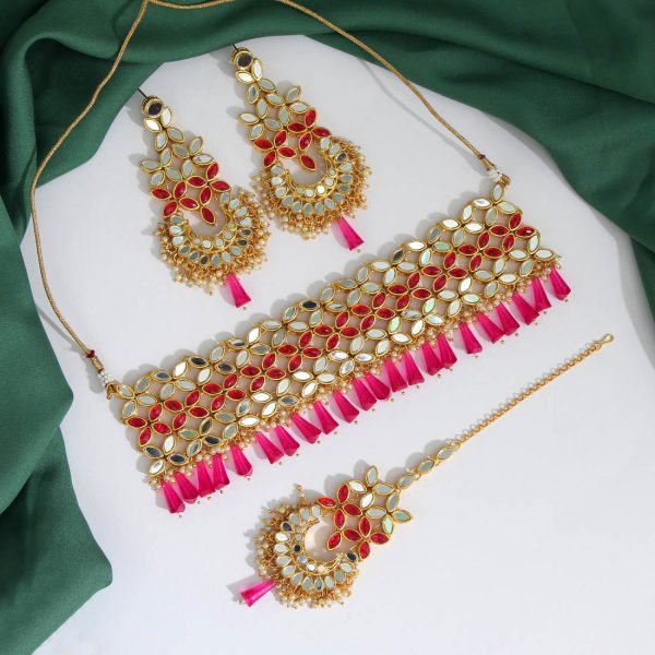 Rani Color Kundan Mirror Choker Necklace Set-0