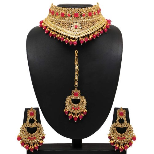 Rani Color Kundan Polki Choker Necklace Set