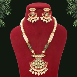 Rani & Gold Color Kundan Long Necklace Set-0