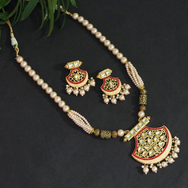 Rani & Gold Color Kundan Long Necklace Set-12443