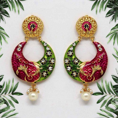 Rani & Green Color Kundan Meenakari Earrings