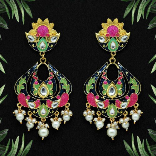 Rani & Pista Green Color Kundan Meenakari Earrings