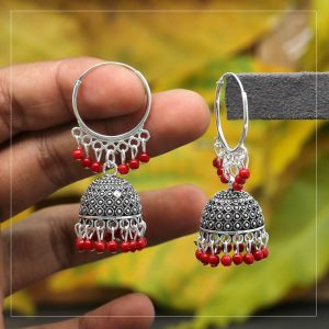 Red Color Beads Oxidised Earrings-0