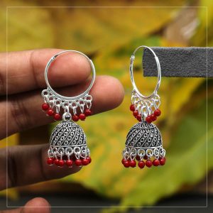 Red Color Beads Oxidised Earrings-0