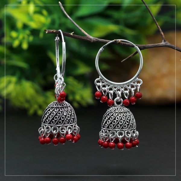 Red Color Beads Oxidised Earrings-15959