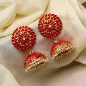 Red Color Big Jhumka Meenakari Earrings-0
