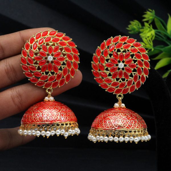 Red Color Big Jhumka Meenakari Earrings-3565