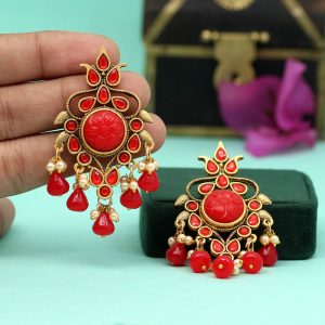 Red Color Carving Stone Antique Earrings-0