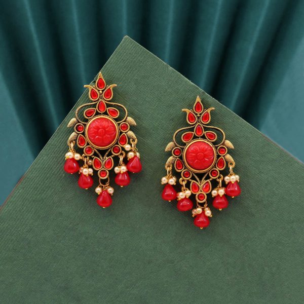 Red Color Carving Stone Antique Earrings-14458